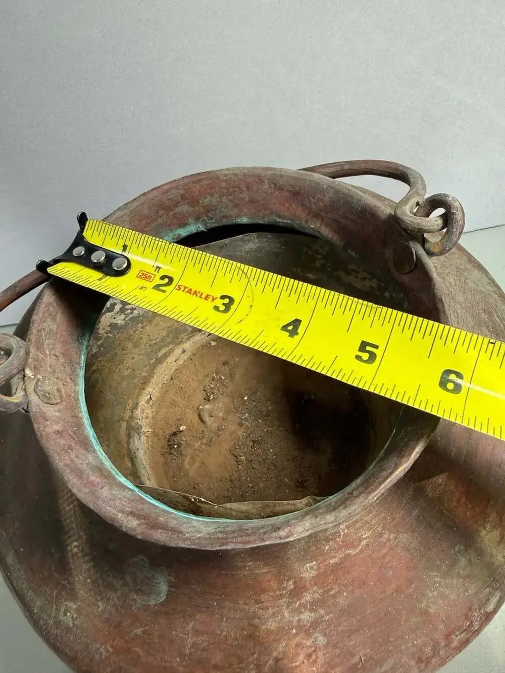 Antique Hand Hammered Copper Pot Cauldron Bail Handle Verdigris Patina Primitive